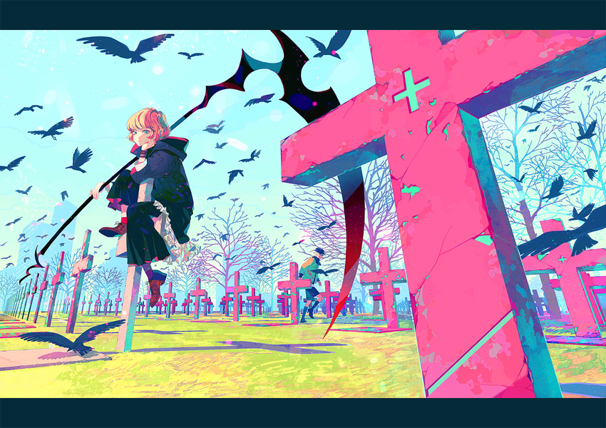 1girl akiakane androgynous animal bangs bare_tree baseball_cap bird black_hat black_scarf black_shorts blonde_hair blue_sky bracelet brown_footwear building cityscape closed_mouth cloud cross crow day expressionless flock flying glasses grass graveyard green_eyes green_jacket hand_on_own_cheek hat head_rest holding holding_weapon hood hood_down jacket jewelry knee_up kneehighs landscape letterboxed long_sleeves looking_at_viewer looking_to_the_side original outdoors perspective pink red_legwear robe scarf scythe shadow shoes short_hair shorts sitting sky skyscraper socks tombstone tree weapon wristband