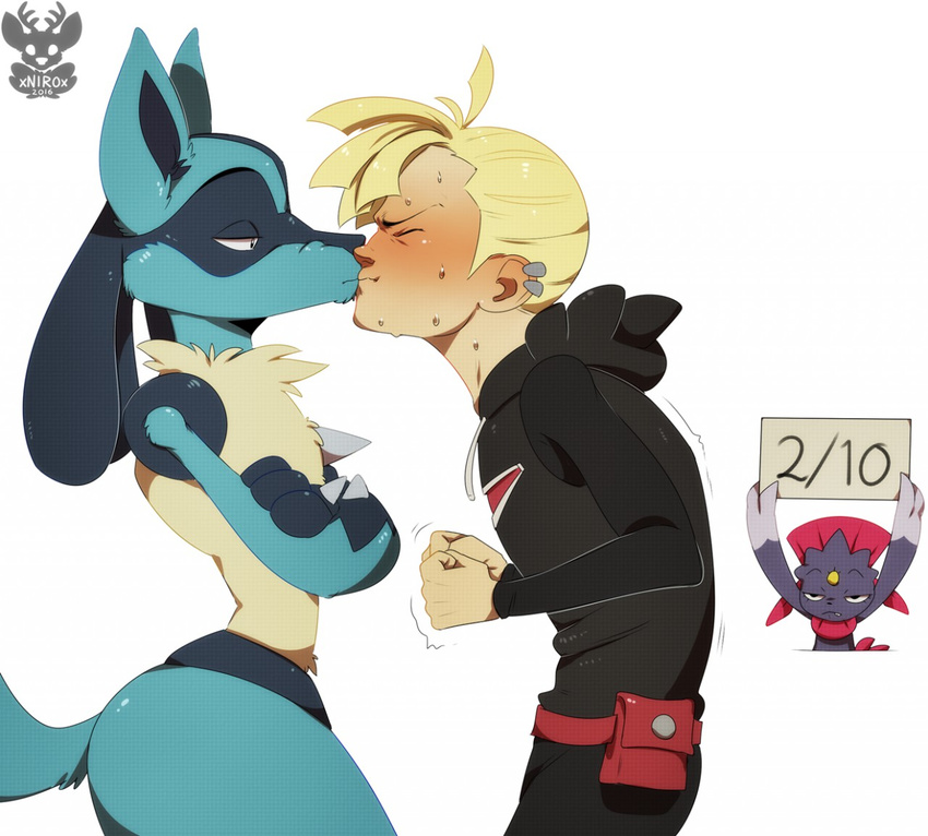 ambiguous_gender anthro blush butt canine clothed clothing ear_piercing eyes_closed frown fur gladion_(pok&eacute;mon) human human_on_anthro interspecies jackal kissing lucario male mammal nintendo nude piercing pok&eacute;mon score spikes standing stanidng sweat video_games weavile xnirox