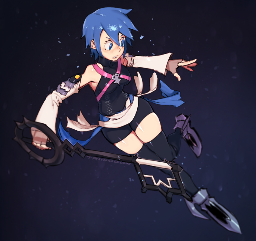 aqua_(kingdom_hearts) bike_shorts blue_eyes blue_hair dark_background detached_sleeves highres keyblade kingdom_hearts kingdom_hearts_birth_by_sleep solo taikodon thighhighs