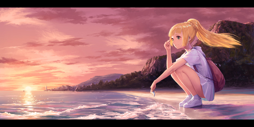 backpack bag beach blonde_hair city cliff cloud commentary_request dress green_eyes highres letterboxed lighthouse lillie_(pokemon) long_hair mountain noske outdoors pokemon pokemon_(game) pokemon_sm ponytail scenery sidelocks sky smile solo spoilers squatting sunset ticket water white_dress