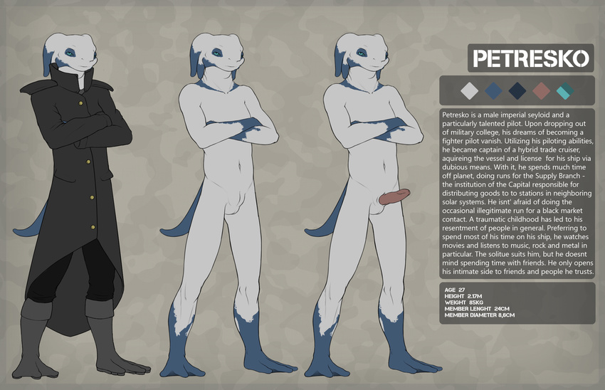 3_toes alien amphibian balls blue_skin boots clothed clothing coat footwear long_tail looking_at_viewer male model_sheet nude pants penis petresko petresko_(character) seyloid slit solo spots spotted_skin toes webbed_feet white_skin