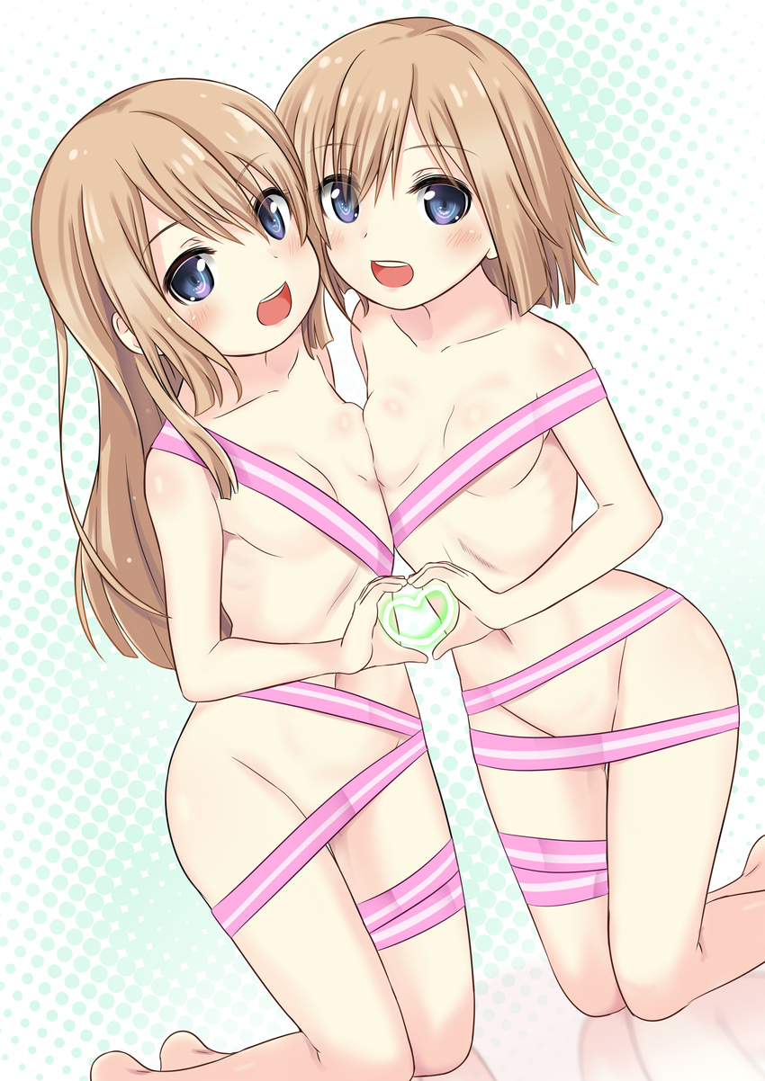 :d blue_eyes blush breasts brown_hair eyebrows_visible_through_hair heart heart_hands heart_hands_duo highres long_hair mint_(cerbi) multiple_girls naked_ribbon navel neptune_(series) nude open_mouth polka_dot polka_dot_background ram_(choujigen_game_neptune) ribbon rom_(choujigen_game_neptune) short_hair siblings sisters small_breasts smile