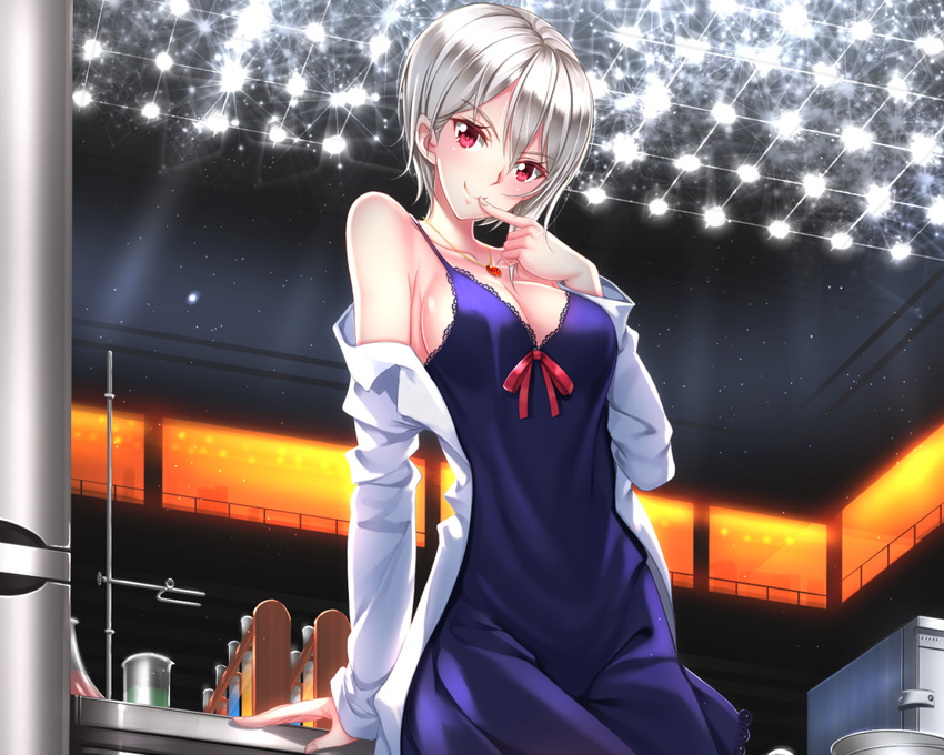 breasts cleavage cropped dress gray_hair nakiri_alice necklace red_eyes ribbons shokugeki_no_soma short_hair swordsouls