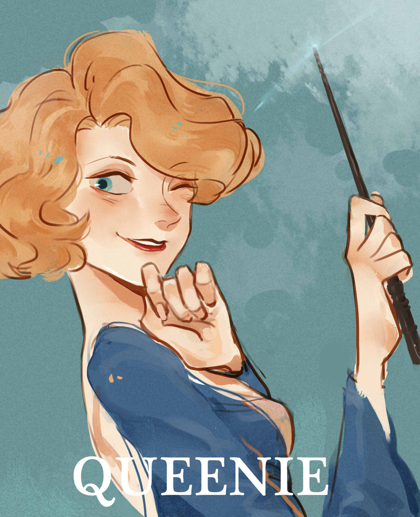 character_name curly_hair fantastic_beasts_and_where_to_find_them highres jungujun one_eye_closed orange_hair queenie_goldstein solo teeth upper_body wand