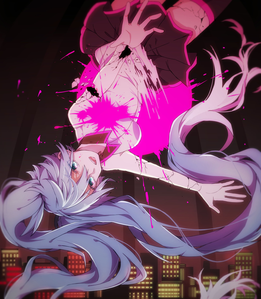 absurdly_long_hair blue_hair breasts building cracked_skin eiku falling ghost_rule_(vocaloid) green_eyes hair_ornament hatsune_miku highres long_hair looking_at_viewer medium_breasts open_mouth ripping skirt skyscraper smile solo splashing thighhighs torn_clothes twintails upside-down very_long_hair vocaloid