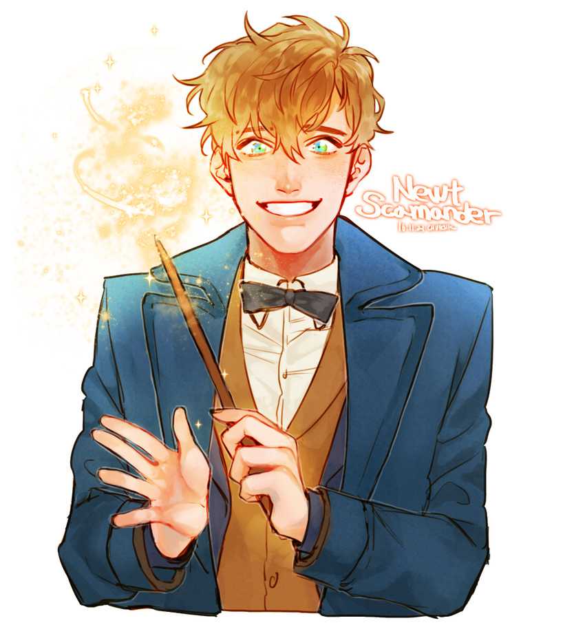 blue_eyes bow bowtie brown_hair character_name chunsik dated fantastic_beasts_and_where_to_find_them green_eyes male_focus newt_scamander simple_background solo sparkle teeth upper_body wand white_background