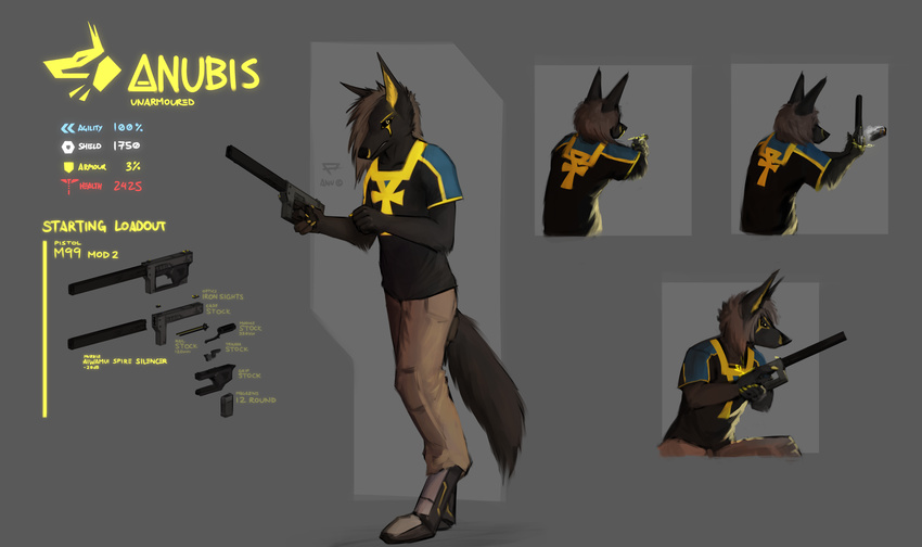 2016 anthro anu anubian_jackal anubis black_sclera canine clothed clothing cybernetics deity digital_media_(artwork) egyptian english_text fur gun hair handgun hi_res jackal kavaeric legwear machine male mammal markings p700 pistol ranged_weapon science_fiction simple_background solo teeth text video_games weapon