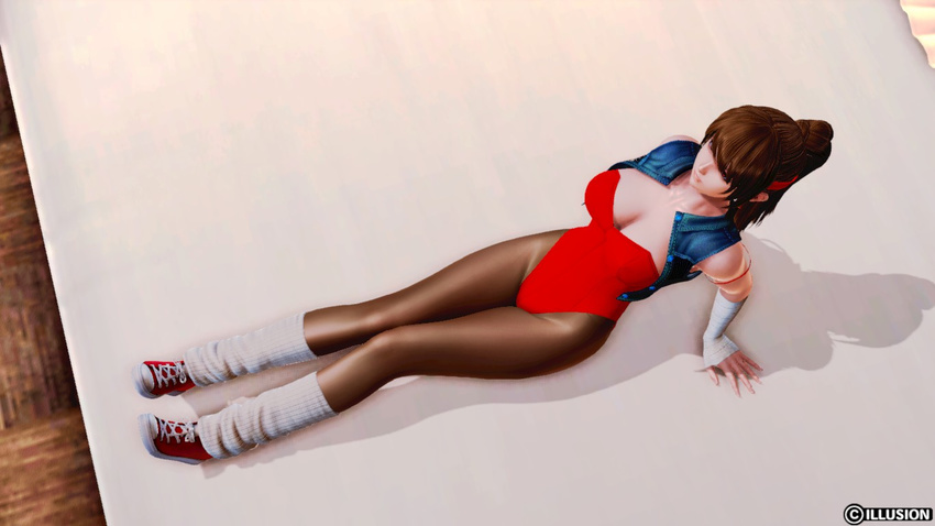 1girl 3d arm_support armband breakers breakers_revenge breasts bunnysuit female from_above full_body headband honey_select jacket leotard leotard_aside loose_socks pantyhose shoes sitting sneakers solo spread_legs strapless_leotard tia_langray wrist_wraps