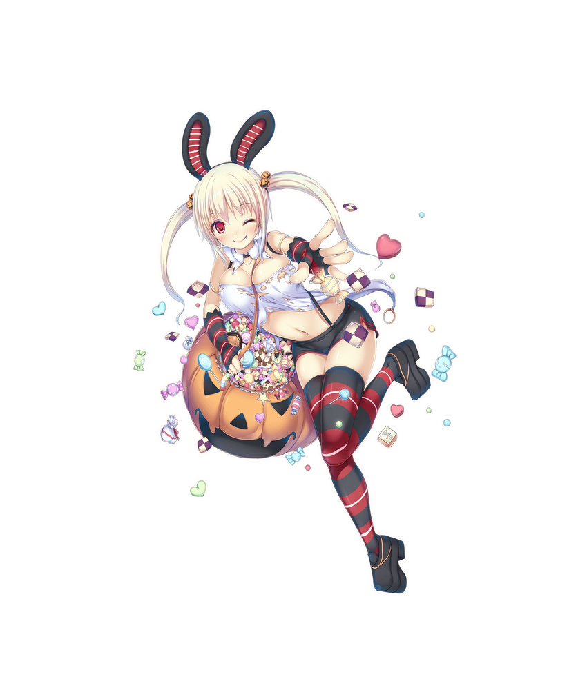 ;) absurdres animal_ears arm_strap between_breasts blonde_hair blush breasts bucket bunny_ears candy carrying cleavage fake_animal_ears fang fang_out fingerless_gloves food full_body gloves gradient_hair highres large_breasts light_blue_hair long_hair looking_at_viewer multicolored_hair navel no_bra one_eye_closed outstretched_arm platform_footwear red_eyes ryoru_yakusoku smile solo striped striped_legwear suspenders thighhighs thousand_memories transparent_background twintails