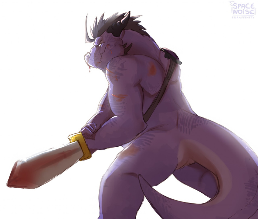 anthro athletic blood horn melee_weapon muscular nude reptile scalie spacenoise sword warrior weapon