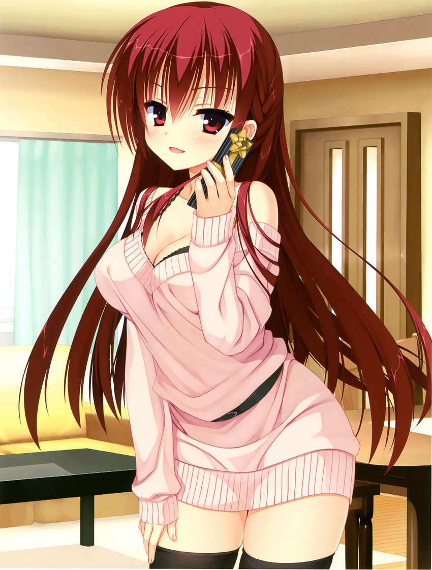 black_bra black_legwear bra breasts cleavage cowboy_shot dress empty_x_embryo gift hair_between_eyes hand_on_own_thigh highres indoors kifune_mio kobuichi large_breasts leaning_forward long_hair looking_at_viewer red_eyes red_hair scan smile solo sweater sweater_dress thighhighs underwear