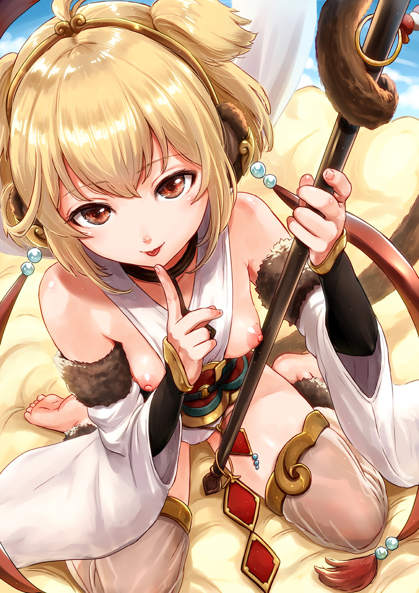 :p andira_(granblue_fantasy) animal_ears bare_shoulders barefoot blonde_hair blush breasts breasts_outside brown_eyes detached_sleeves eri_(resia) erune finger_to_mouth granblue_fantasy hairband highres index_finger_raised looking_at_viewer monkey_ears monkey_tail nipples short_hair sitting small_breasts smile solo staff tail tongue tongue_out wariza