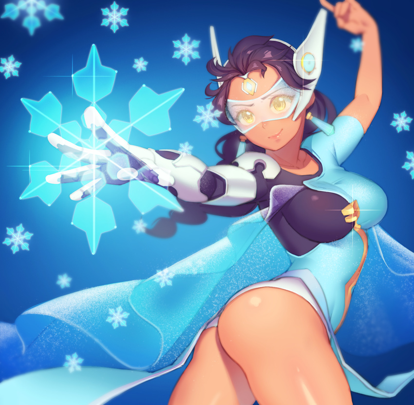 arm_up ass black_hair blue blue_background blurry breasts brown_eyes brown_hair cosplay cowboy_shot dark_skin depth_of_field dress earrings elsa_(frozen) elsa_(frozen)_(cosplay) fiodo forehead_jewel frozen_(disney) glint gradient gradient_background headgear highres index_finger_raised jewelry long_hair looking_at_viewer mechanical_arm medium_breasts outstretched_arm overwatch short_sleeves smile snowflakes solo symmetra_(overwatch) twisted_torso visor