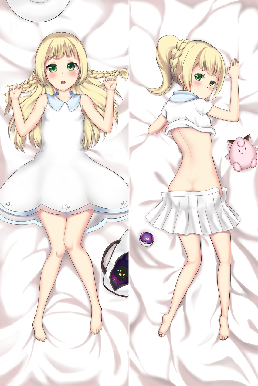 10s 1girl 1nilla' :| ass bag bangs bare_shoulders barefoot blonde_hair blunt_bangs blush braid collarbone cosmog dakimakura dress feet female flat_chest full_body green_eyes lillie_(pokemon) long_hair looking_at_viewer lying master_ball midriff on_back on_side open_mouth poke_ball pokemon pokemon_(creature) pokemon_(game) pokemon_sm ponytail shiny shiny_skin shirt short_sleeves skirt soles sundress tied_hair toes twin_braids white_dress white_shirt white_skirt