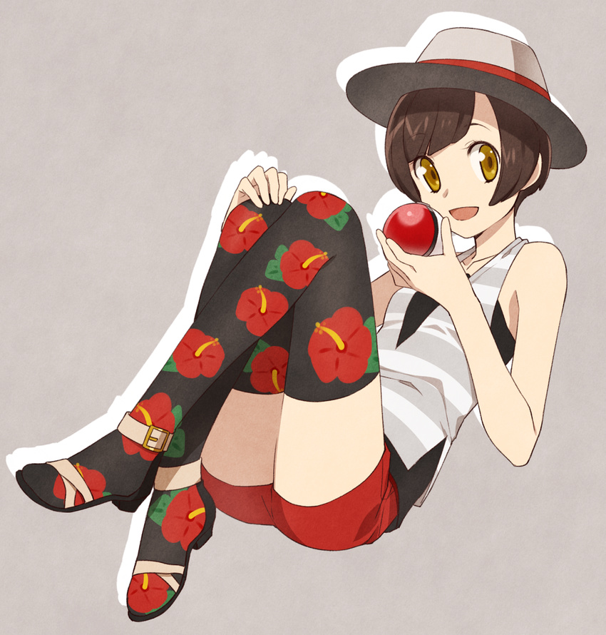 :d brown_eyes brown_hair floral_print hat highres mizuki_(pokemon) nagiko_(mangalove1111) open_mouth poke_ball poke_ball_(generic) pokemon pokemon_(game) pokemon_sm print_legwear short_hair short_shorts shorts smile solo thighhighs