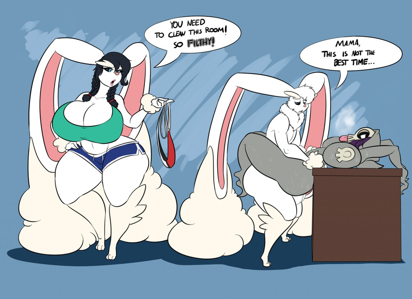 alternate_color anthro big_breasts breasts clothed clothing dialogue duskull fan_character female ghost hair huge_breasts humanoid hyper kaboozle lagomorph lopunny male mammal mature_female mother natasha_vladislaus nintendo nipples nude open_mouth parent pok&eacute;mon rabbit sex simple_background skull son spirit sweat text thick_thighs timothy_vladislaus tongue video_games wide_hips winter_coat