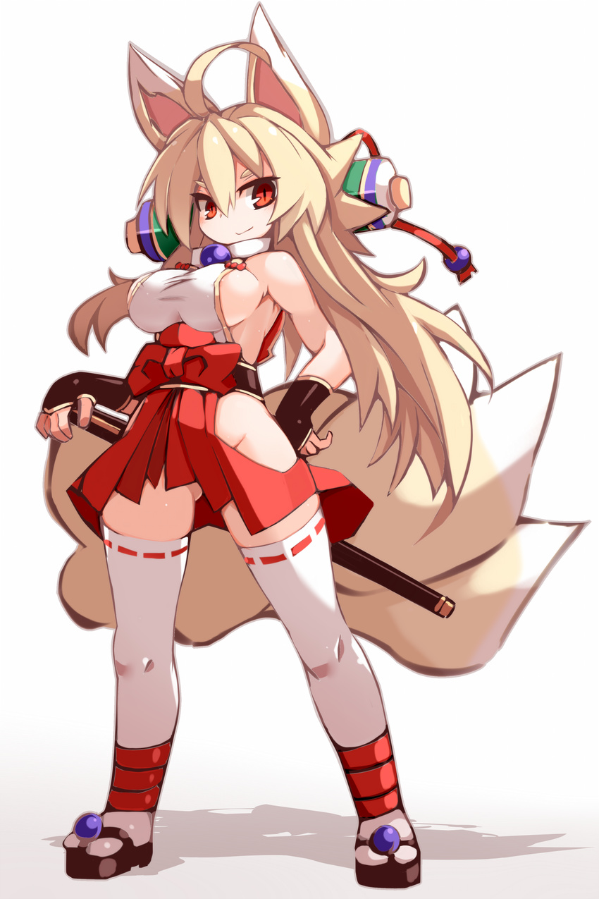 ahoge animal_ears ass_visible_through_thighs bare_shoulders blonde_hair breasts fingerless_gloves fox_ears fox_tail full_body gloves gradient gradient_background groin hair_between_eyes hakama_skirt hand_on_hip hand_on_sword highres hip_vent izuna_(shinrabanshou) karukan_(monjya) large_breasts long_hair multiple_tails no_panties red_eyes ribbon-trimmed_legwear ribbon_trim sandals shinrabanshou side_slit sideboob simple_background smile solo sword tabi tail thighhighs turtleneck weapon white_legwear