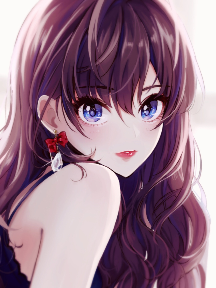 bangs bare_shoulders biting blue_eyes blurry blush bow brown_hair commentary_request crystal_earrings earrings eyebrows_visible_through_hair eyelashes glint hair_between_eyes highres ichinose_shiki idolmaster idolmaster_cinderella_girls jewelry lip_biting lipstick long_hair looking_at_viewer magako makeup parted_lips red_bow red_lips sleeveless solo spaghetti_strap upper_body wavy_hair white_background