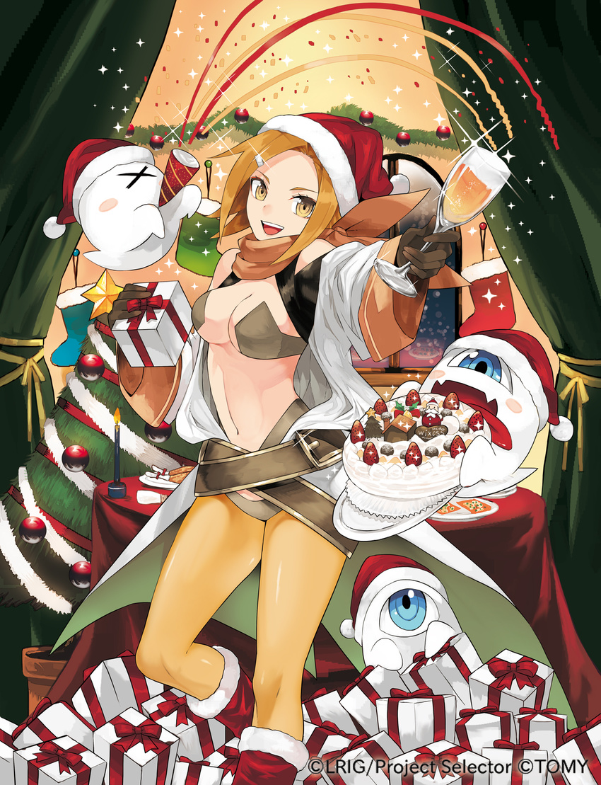 :d belt blonde_hair boots box breasts cake christmas christmas_ornaments christmas_stocking christmas_tree cleavage curtains dona_(wixoss) food ghost gift gift_box glass gloves hair_ornament hairclip hat highres large_breasts lostorage_wixoss navel official_art open_mouth pantyhose party_popper santa_boots santa_hat smile solo streamers tokiti wixoss yellow_eyes yellow_legwear