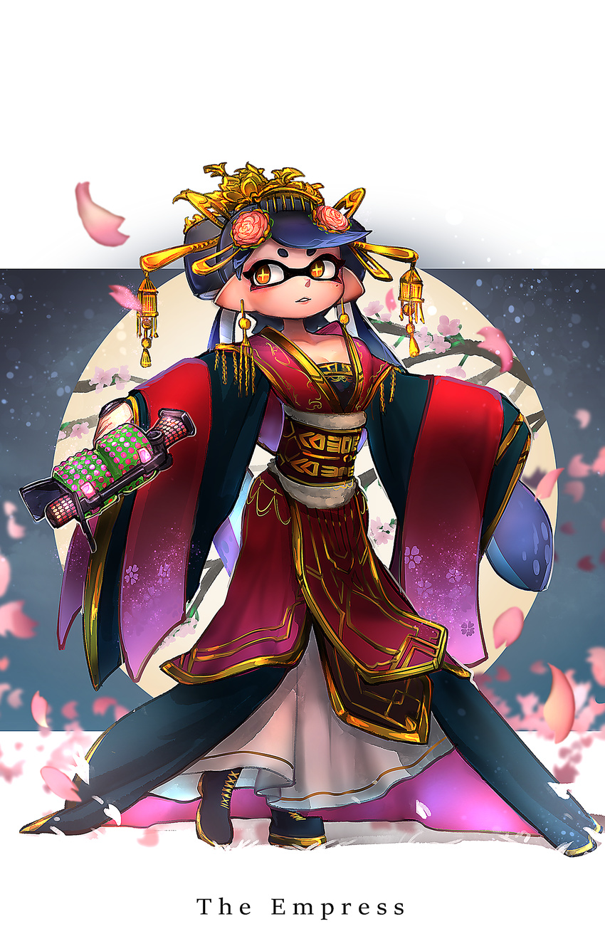 .52_gal_(splatoon) 1girl aori_(splatoon) black_footwear black_hair boots brown_eyes cherry_blossoms chinese_clothes cross-laced_footwear domino_mask dress earrings english flower full_body hair_flower hair_ornament hairpin headdress highres holding holding_weapon jewelry kashu_(hizake) long_dress long_hair looking_to_the_side mask parted_lips pointy_ears red_dress solo splatoon_(series) splatoon_1 standing tarot tentacle_hair the_empress very_long_hair weapon