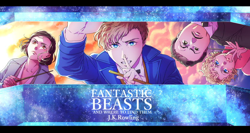 2girls blonde_hair blue_eyes bow bowtie brown_eyes brown_hair cloud cloudy_sky coat copyright_name curly_hair facial_hair fantastic_beasts_and_where_to_find_them jacob_kowalski multiple_boys multiple_girls mustache necktie newt_scamander porpentina_goldstein queenie_goldstein red_eyes siblings sisters sky takamon_(kyu_horaiman) teeth wand