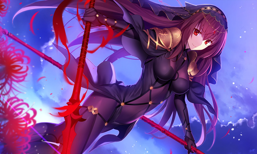 armor bodysuit breasts fate/grand_order fate_(series) flowers fuyuki_(neigedhiver) headdress long_hair purple_hair red_eyes scathach_(fate/grand_order) skintight spear weapon