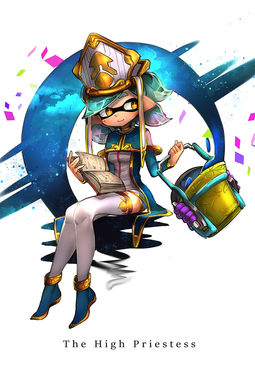 1girl alternate_hair_color aqua_hair blue_dress blue_footwear book brown_eyes closed_mouth domino_mask dress english full_body hat highres holding holding_book holding_weapon hotaru_(splatoon) kashu_(hizake) light_smile long_sleeves looking_to_the_side mask mole mole_under_eye pointy_ears shoes short_dress short_hair sitting slosher_(splatoon) solo splatoon_(series) splatoon_1 tarot the_high_priestess thighhighs weapon white_hat white_legwear