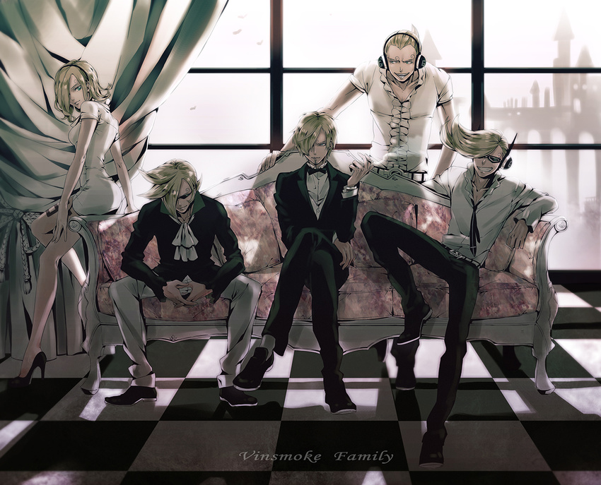 4boys ascot backlighting blonde_hair blue_eyes bow bowtie brother_and_sister brothers character_name checkered checkered_floor cigarette cravat crossed_legs curtains formal frilled_shirt frilled_shirt_collar frills grin hair_over_one_eye headphones high_heels holding holding_cigarette indoors interlocked_fingers jacket knee_up leg_tattoo long_sleeves looking_at_another looking_at_viewer multiple_boys one_piece pants qike_xiu quadruplets sanji shirt siblings sitting smile smoke spiked_hair spoilers standing sunglasses tattoo tuxedo vinsmoke_ichiji vinsmoke_niji vinsmoke_reiju vinsmoke_yonji window