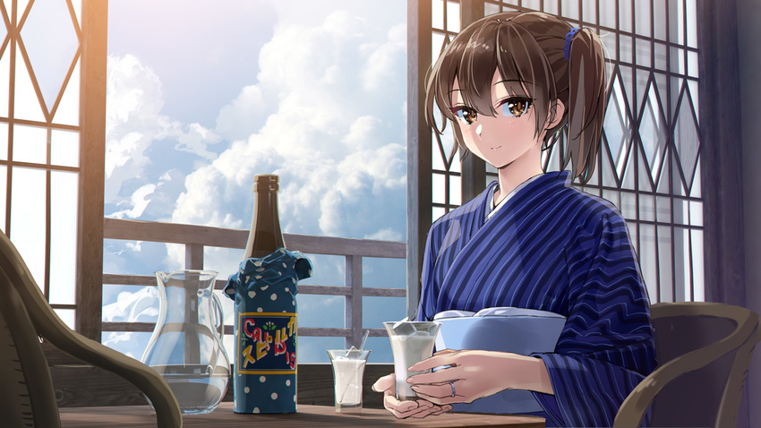 bottle brown_eyes brown_hair calpis chair cloud cloudy_sky cup day drinking_glass japanese_clothes jewelry jug kaga_(kantai_collection) kantai_collection kimono looking_at_viewer obi ring sash short_hair side_ponytail sitting sky sliding_doors smile solo table upper_body wedding_band yahako