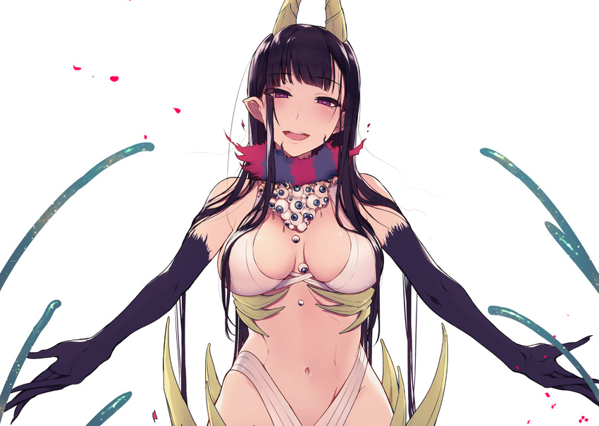 ane_naru_mono black_hair blush breasts chiyo_(ane_naru_mono) demon_girl elbow_gloves eyeball gloves horns large_breasts long_hair looking_at_viewer navel open_mouth outstretched_arms pochi_(pochi-goya) purple_eyes smile solo spread_arms tentacles upper_body very_long_hair white_background