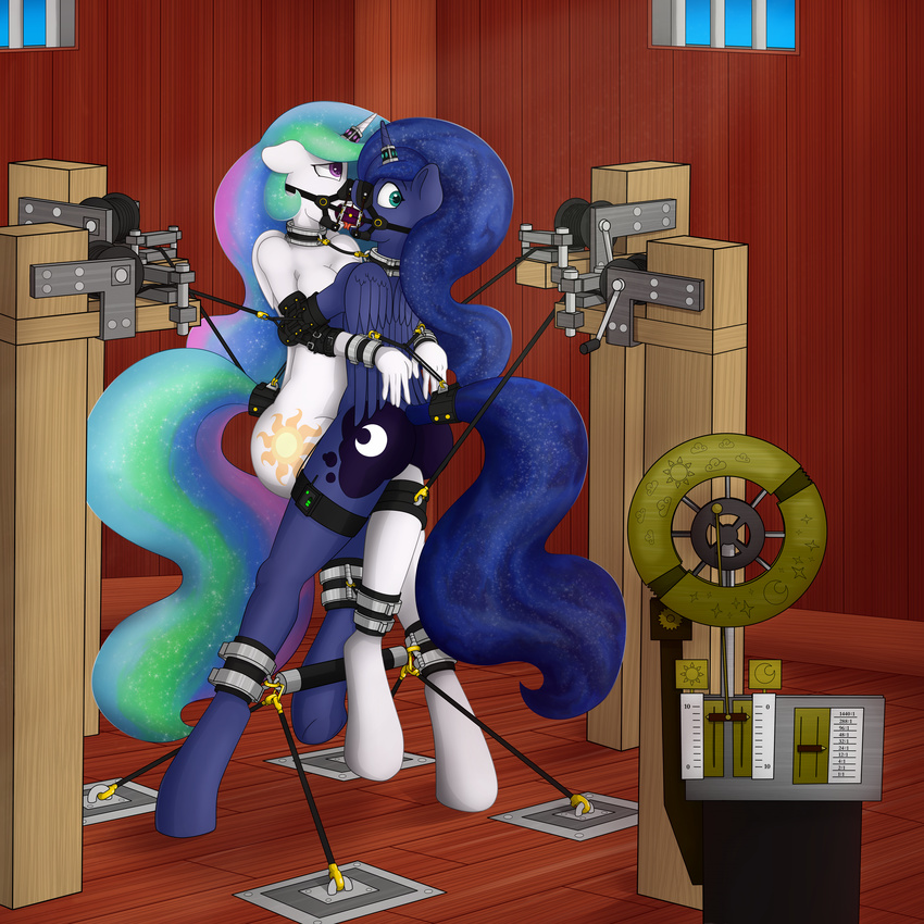 2016 anthro anthrofied bdsm blue_eyes blue_fur blue_hair bondage bondage_furniture bound breasts cleavage clothed clothing collar cuffs_(disambiguation) cutie_mark dildo double_dildo duo equine feathered_wings feathers female female/female friendship_is_magic fur gag hair hi_res horn horn_ring incest looking_at_viewer mammal multicolored_hair my_little_pony oral pentoolqueen princess_celestia_(mlp) princess_luna_(mlp) purple_eyes raised_tail ring_gag rope sex_toy sibling sisters spreader_bar teeth tied_together toy white_fur winged_unicorn wings