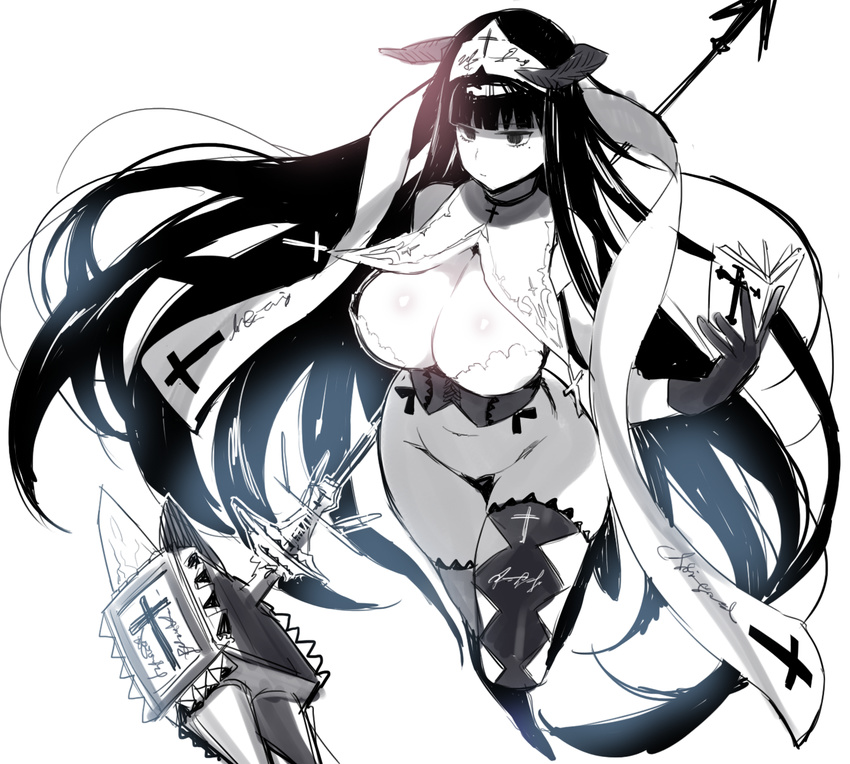 breasts cleavage curvy demon_girl glaring habit highres horns jitome large_breasts long_hair mole mole_under_eye monochrome navel nito_(siccarol) nun original simple_background solo succubus thick_thighs thighs very_long_hair white_background wide_hips