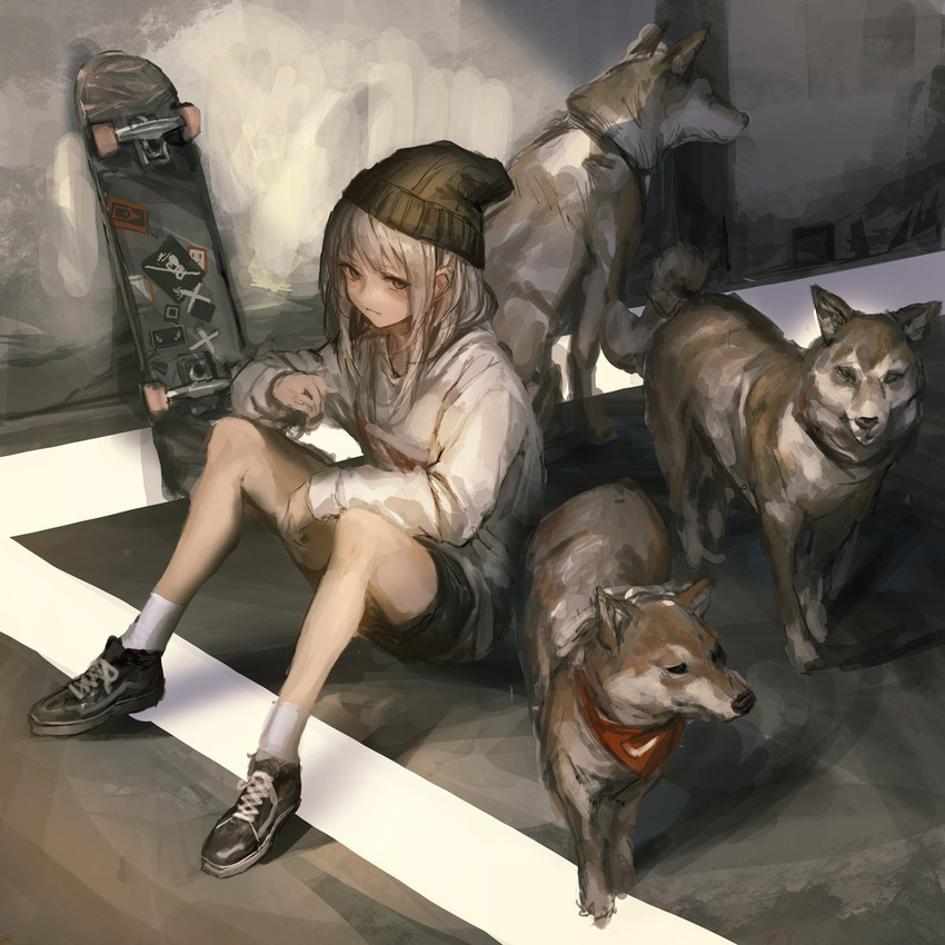 animal black_footwear black_hat blush closed_mouth dog grey_eyes grey_hair hat highres lm7_(op-center) long_sleeves original shirt shoes shorts sitting skateboard sketch socks white_legwear white_shirt