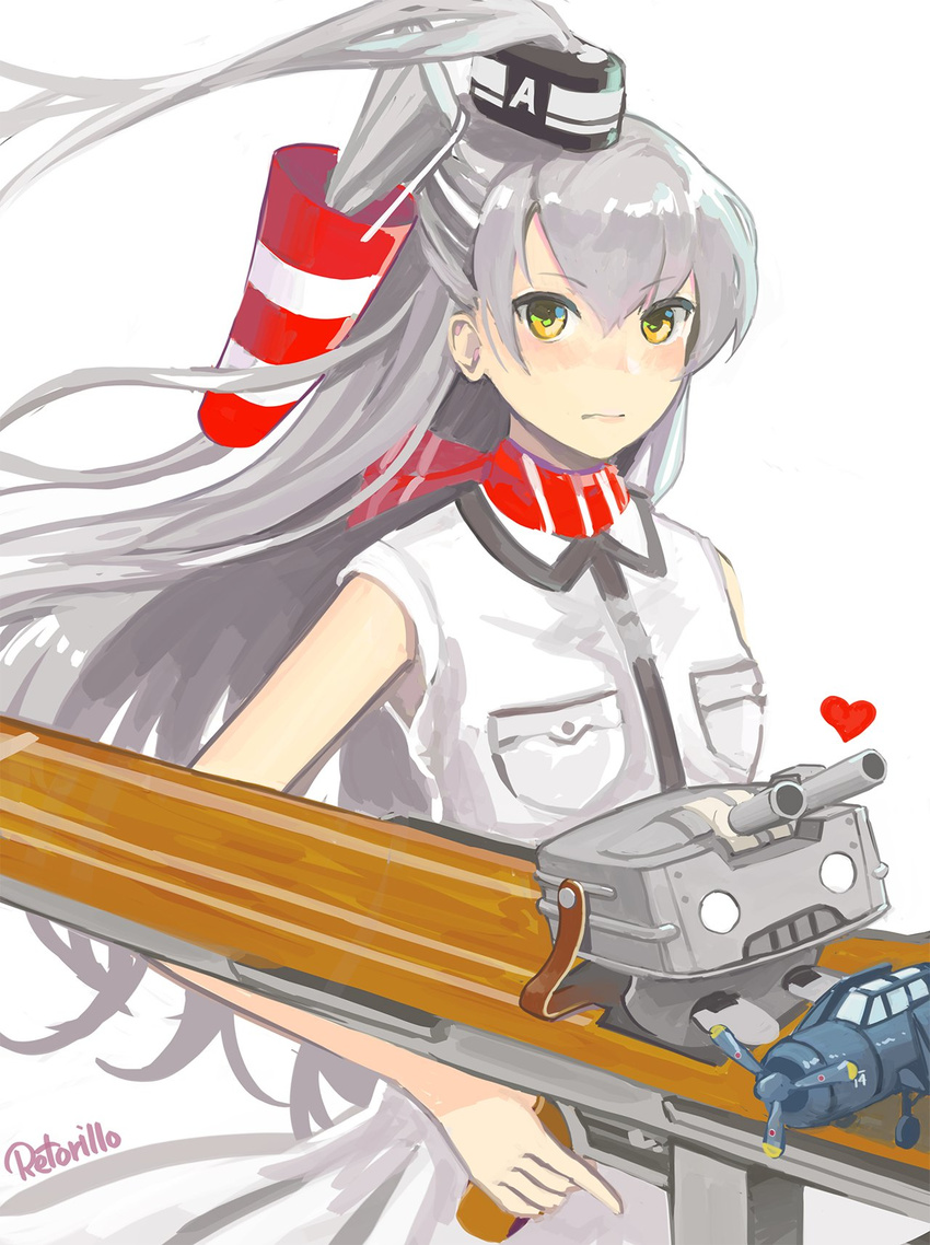 aircraft airplane amatsukaze_(kantai_collection) artist_name cannon commentary_request cosplay dress flight_deck hair_tubes heart highres kantai_collection long_hair rensouhou-kun retorillo saratoga_(kantai_collection) saratoga_(kantai_collection)_(cosplay) side_ponytail silver_hair trigger_discipline upper_body very_long_hair white_background white_dress yellow_eyes