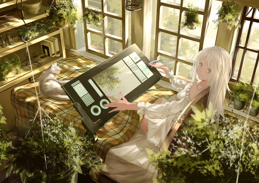 absurdres animal aqua_eyes bangs bed bed_sheet blush cat commentary_request drawing_tablet dress from_above highres indoors long_hair looking_at_viewer looking_up miya-ki_(miya_key) on_bed original plant potted_plant sitting solo stylus tablet white_dress white_hair window