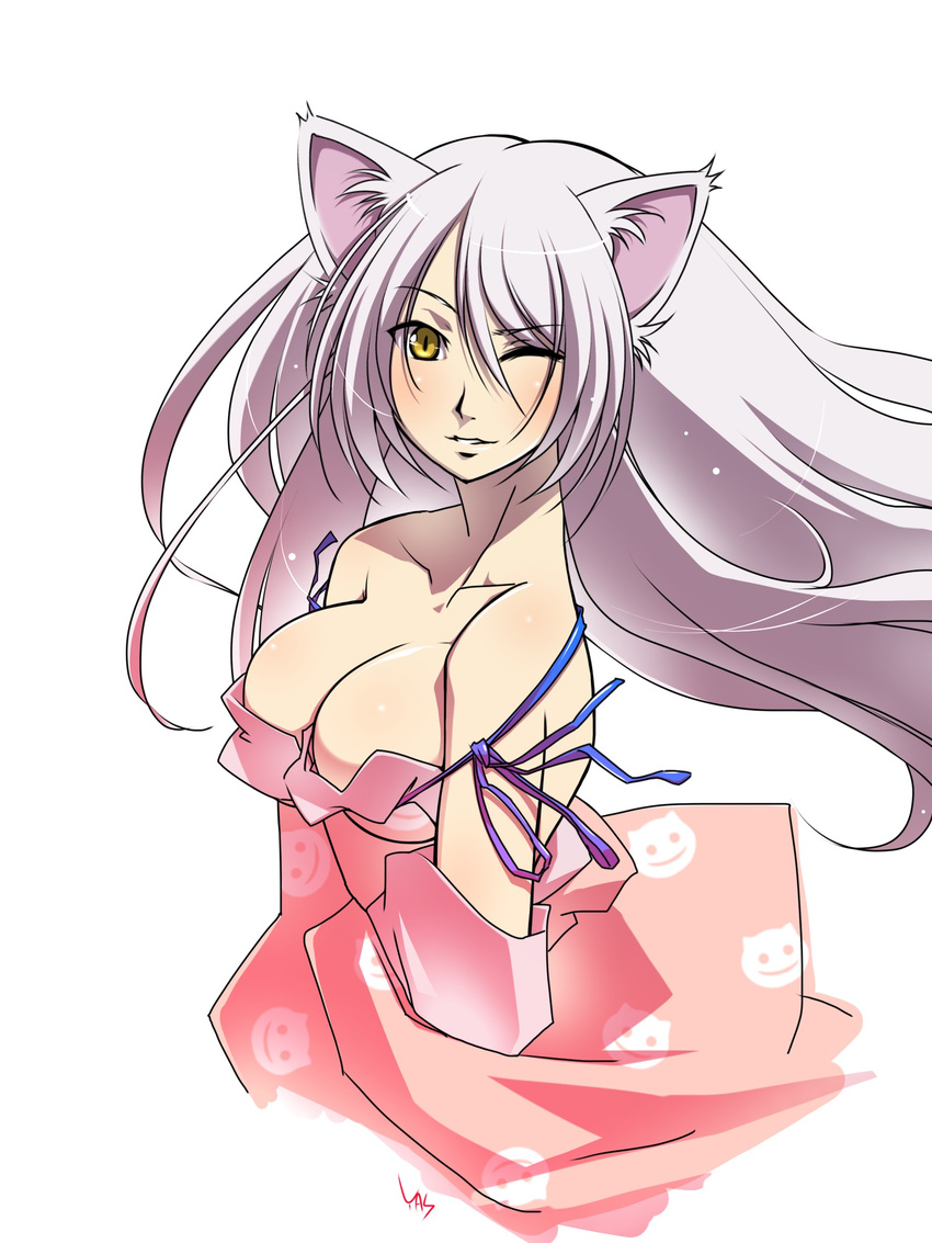 ;) animal_ears animal_print arm_ribbon bakemonogatari bare_shoulders black_hanekawa blue_ribbon blush breasts cat_ears cat_print error hanekawa_tsubasa highres large_breasts long_hair looking_at_viewer monogatari_(series) one_eye_closed pajamas parted_lips rei_no_himo ribbon slit_pupils smile solo white_hair wind yasu_(pixiv) yellow_eyes