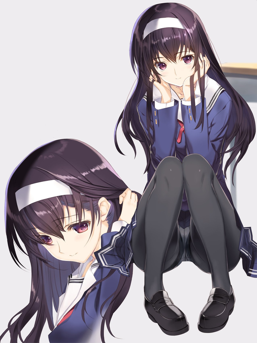 bangs black_legwear chin_rest eyebrows_visible_through_hair from_side grey_background hair_between_eyes hair_tucking hairband highres kasumigaoka_utaha knees_together_feet_apart light_smile loafers long_hair looking_at_viewer multiple_views nakamura_takeshi panties panties_under_pantyhose pantyhose pleated_skirt purple_eyes purple_hair saenai_heroine_no_sodatekata school_uniform serafuku shoes sidelocks simple_background sitting skirt thighband_pantyhose underwear white_panties