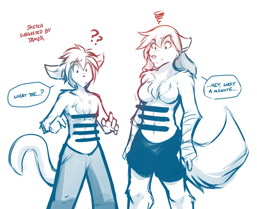 ? anthro basitin breasts canine censor_bar chest_tuft clothed clothing featureless_breasts female hair keidran keith_keiser male mammal monochrome natani pants shorts simple_background sketch text tom_fischbach topless tuft twokinds white_background wolf