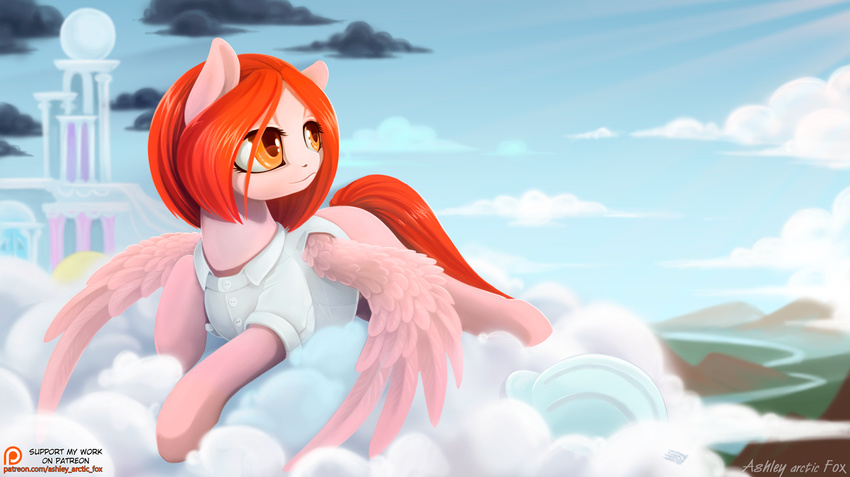 ashley-arctic-fox clothed clothing day equine eyelashes fan_character feathered_wings feathers female feral fur hair hooves mammal my_little_pony orange_hair outside pegasus pink_feathers pink_fur sky smile solo wings yellow_eyes