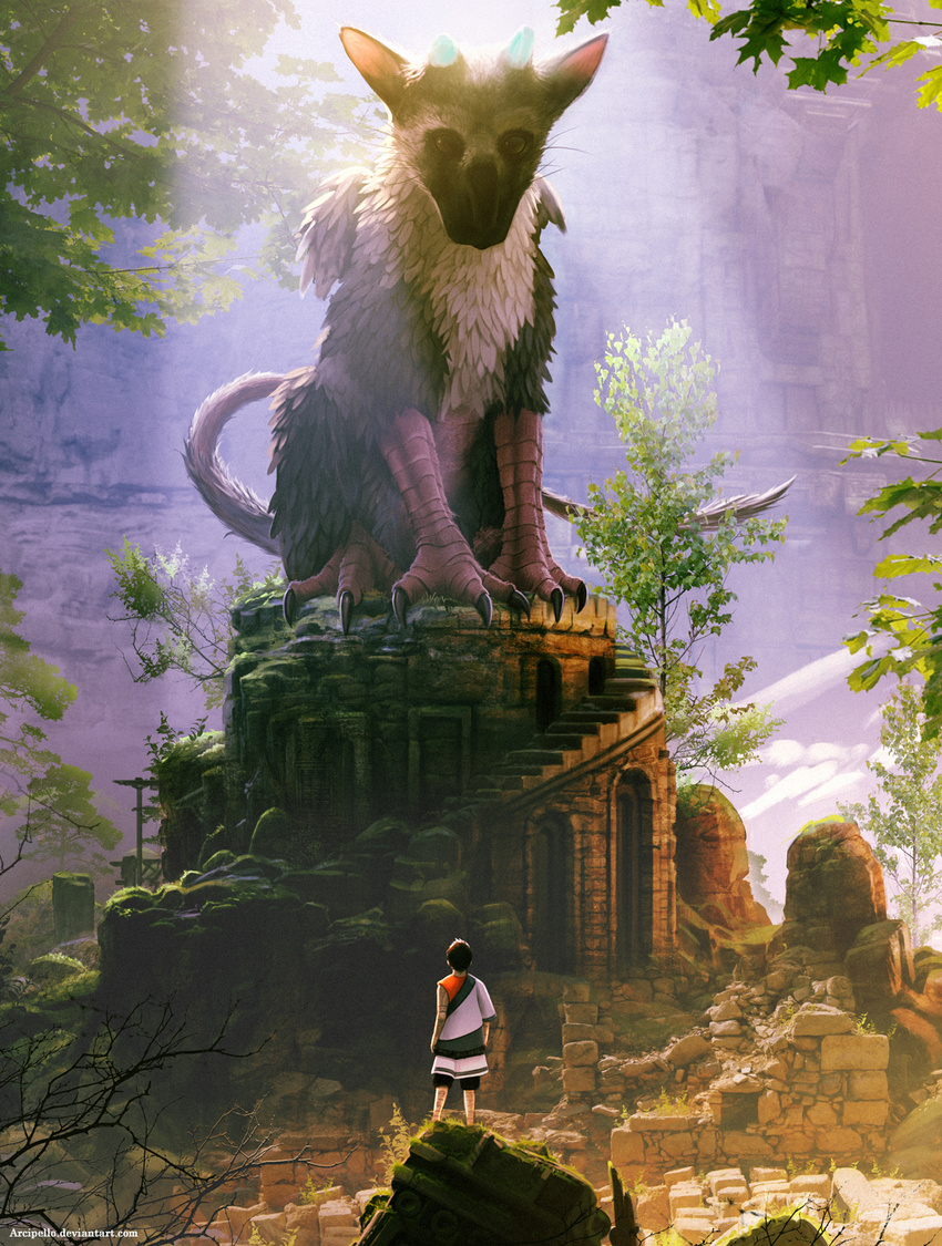 brown_hair daniel_conway from_behind highres ruins tattoo the_boy_(the_last_guardian) the_last_guardian trico_(character) watermark