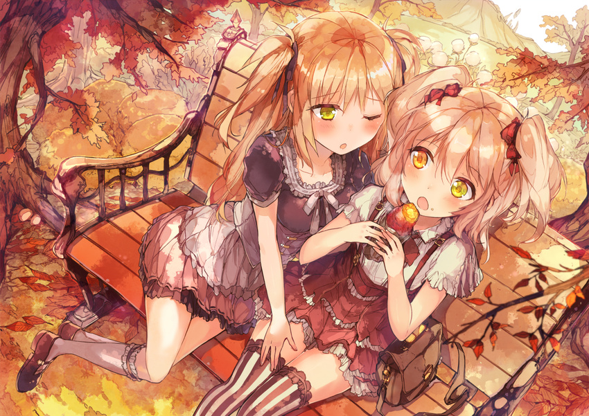 :o ;o autumn_leaves bad_id bad_pixiv_id bench black_dress black_footwear black_legwear blonde_hair blush breasts camomi collarbone collared_shirt commentary couple dress eating eyebrows_visible_through_hair food food_on_face frilled_dress frilled_legwear frills green_eyes hair_between_eyes hair_ribbon heterochromia holding holding_food kneehighs leaf leaning_to_the_side legs_together looking_at_another maple_leaf medium_breasts multiple_girls nature one_eye_closed open_mouth original red_ribbon ribbon shirt shoes short_sleeves sitting small_breasts striped striped_legwear sweet_potato thighhighs twintails two_side_up vertical-striped_legwear vertical_stripes white_legwear white_ribbon white_shirt yakiimo yellow_eyes yuri
