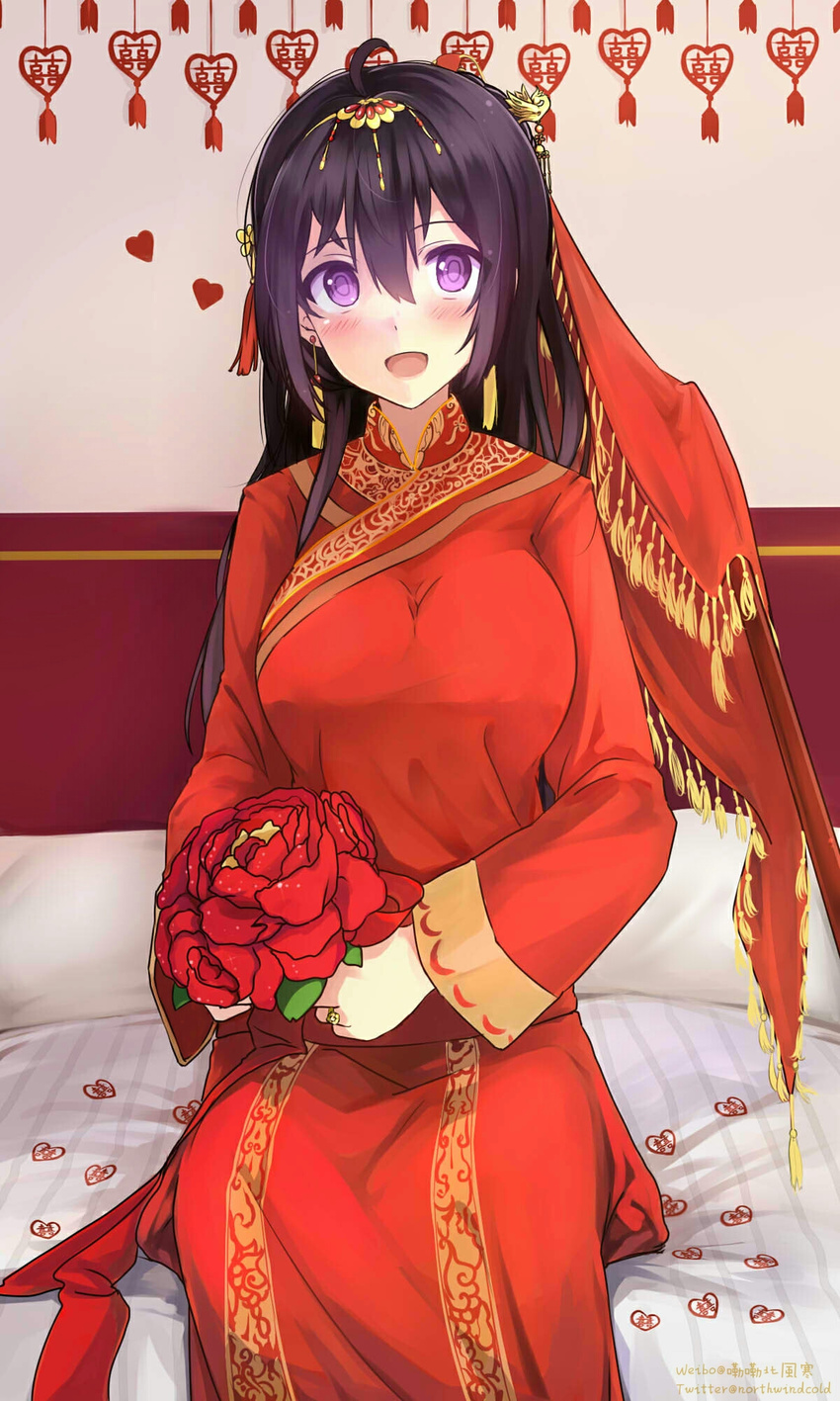 :d ahoge bed_sheet bedroom beifeng_han black_hair blush bouquet breasts chinese_clothes commentary_request dress earrings flower fringe_trim glowing glowing_eyes hair_between_eyes hair_ornament hair_stick happy heart highres holding holding_flower indoors jewelry large_breasts long_hair long_sleeves looking_at_viewer medium_breasts miyaura_sanshio on_bed open_mouth original pink_eyes red_dress ring sitting smile solo stick sticker tassel twitter_username veil wall wedding_dress wedding_ring
