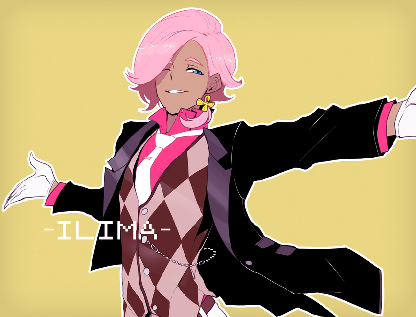 argyle blue_eyes character_name fabulous formal gloves highres ilima_(pokemon) male_focus necktie outstretched_arm pink_hair pink_shirt pokemon pokemon_(game) pokemon_sm shirt sly-8 smile solo suit trial_captain yellow_background