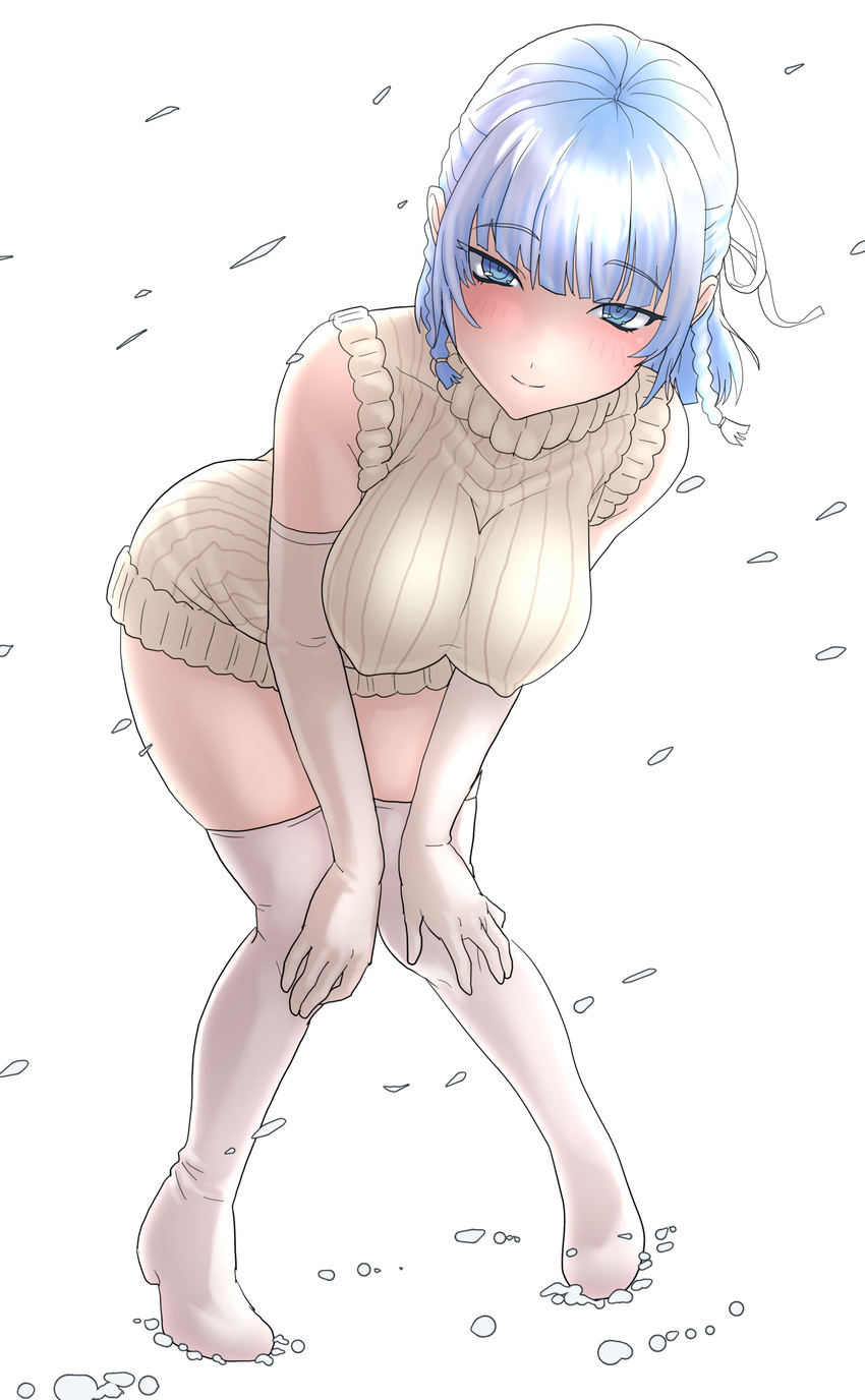 bangs bare_shoulders blue_eyes blue_hair blunt_bangs braid breasts commentary_request covered_nipples elbow_gloves eyebrows_visible_through_hair full_body gloves highres kezune_(i-_-i) knees_together_feet_apart large_breasts leaning_forward looking_at_viewer no_bra original ribbed_sweater short_hair sleeves_rolled_up solo sweater thighhighs white_gloves white_legwear yuki_onna zettai_ryouiki