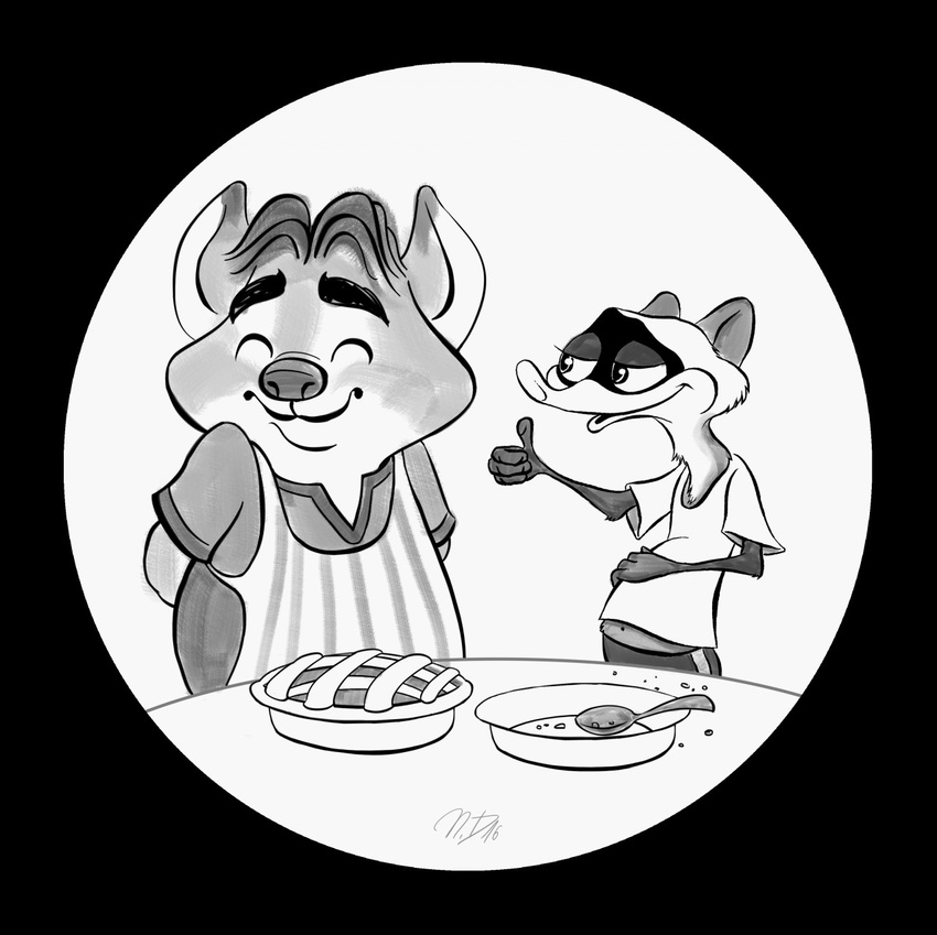 anthro apron belly big_belly canine clothed clothing disney duo eyes_closed food fox fur gideon_grey hair male mammal monochrome shirt smile spoon thumbs_up travis_(zootopia) unknown_artist zootopia