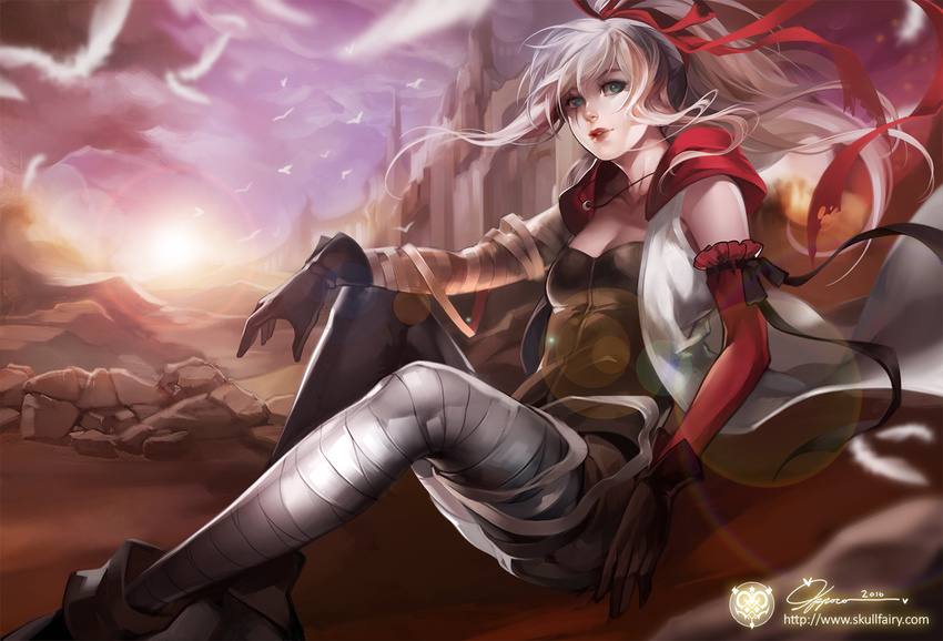 aqua_eyes asymmetrical_clothes bandages boots breasts cleavage facial_scar gloves hair_ribbon jewelry lips lipstick long_hair makeup medium_breasts na_young_lee necklace original ponytail red_lipstick ribbon scar signature solo vest watermark white_hair