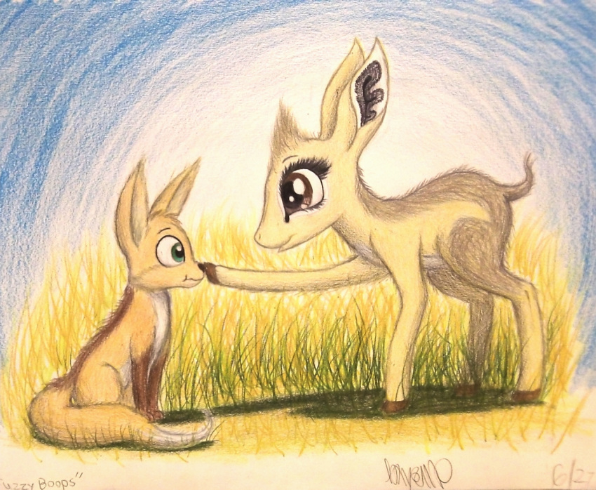 2016 ambiguous_gender antelope black_nose blue_eyes boop bovid brown_eyes brown_fur brown_hooves canid canine cheek_tuft colored_pencil_(artwork) confusion countershade_torso countershading cub curious dik-dik dipstick_tail duo eye_contact eyelashes fan_character female fennec feral fox frown full-length_portrait fur fur_tuft grass grey_fur grey_tail hand_on_head happy head_tuft hooves humor kekere_iwariiri kirk's_dik-dik larger_female lighting long_eyelashes looking_at_another mammal markings multicolored_fur multicolored_tail my_little_pony nose_boop portrait quadruped shadow short_tail side_view sitting size_difference sky smaller_ambiguous smile snout socks_(marking) standing stare tan_fur tan_tail thefriendlyelephant toony traditional_media_(artwork) true_antelope tuft two_tone_tail white_countershading white_fur white_tail wholesome young