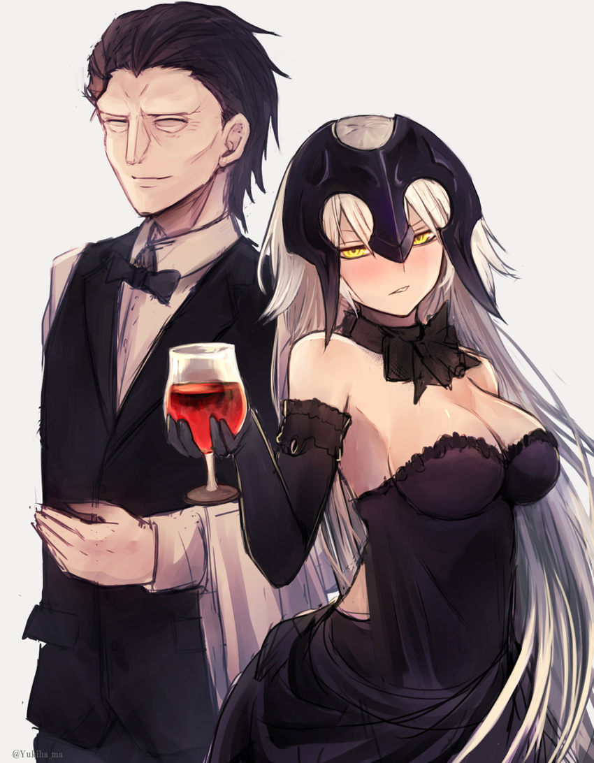 1girl alcohol bare_shoulders black_dress black_gloves black_hair blonde_hair blush bow bowtie breasts caster_(fate/zero) choker cleavage closed_eyes cup dress drinking_glass drunk elbow_gloves fate/grand_order fate/zero fate_(series) gloves half-closed_eyes headpiece highres holding holding_cup jeanne_d'arc_(alter)_(fate) jeanne_d'arc_(fate)_(all) large_breasts long_hair long_sleeves looking_at_viewer parted_lips simple_background sleeveless sleeveless_dress smile twitter_username upper_body very_long_hair vest white_background wine wine_glass wing_collar yellow_eyes yukihama