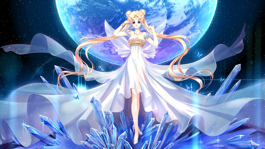 2016 bangs bare_legs bare_shoulders bishoujo_senshi_sailor_moon blonde_hair blue_eyes bracelet bug butterfly closed_mouth crystal detached_sleeves double_bun dress earth facial_mark forehead_mark full_body highres insect jewelry ji_ran long_dress long_hair looking_at_viewer parted_bangs princess_serenity short_sleeves signature solo sparkle standing tsukino_usagi twintails very_long_hair wallpaper white_dress