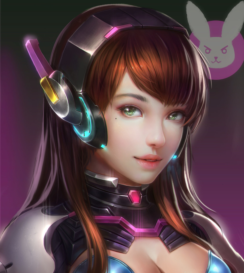 animal_print artstation_sample bodysuit breasts brown_hair bunny_print cleavage cleavage_cutout d.va_(overwatch) eyebrows_visible_through_hair glowing green_eyes headgear headphones highres image_sample logo long_hair looking_at_viewer medium_breasts mole mole_under_eye overwatch parted_lips pilot_suit pink_lips portrait purple_background realistic shiny shiny_hair shoulder_pads sidelocks simple_background smile solo upper_body zhen_guodong